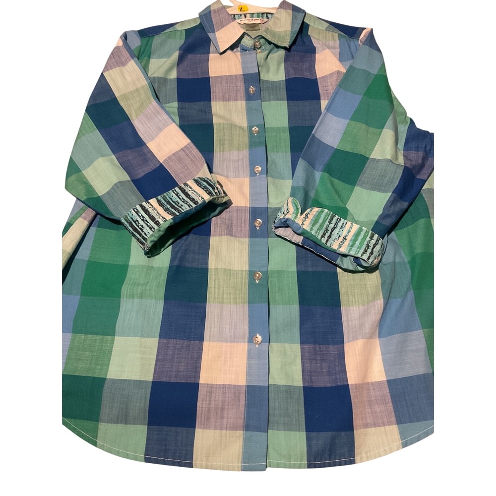 Allison Daley Plus Plaid Button Front Shirt Women 16W‎ Blue Green White